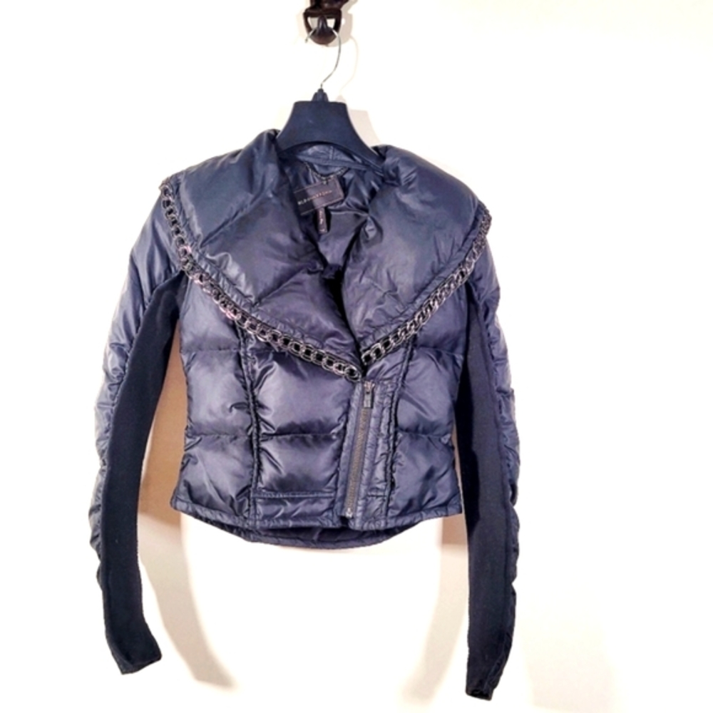BCBGMaxAzria Cropped Down Puffer Bomber Jacket with Chain Detail US XXS